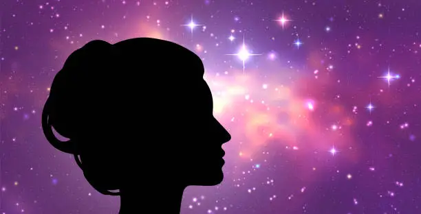 Vector illustration of Vector illustration of woman head on starry space background. Cosmic consciousness concept