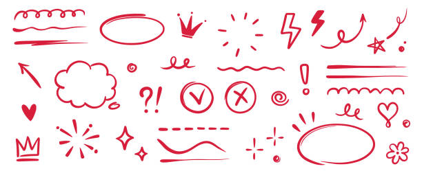 stockillustraties, clipart, cartoons en iconen met hand drawn red highlight, text underline, emphasis mark, line shape set. hand drawn scribble arrow, love heart, speech bubble, crown element. marker, pen brush stroke. vector - striemen van mondmasker