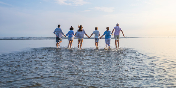 Multi-generation family holding hands and running along coastline at sunset, back view