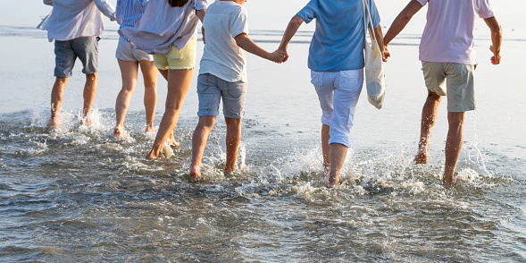Multi-generation family holding hands and running along coastline barefoot at sunset, back view low section