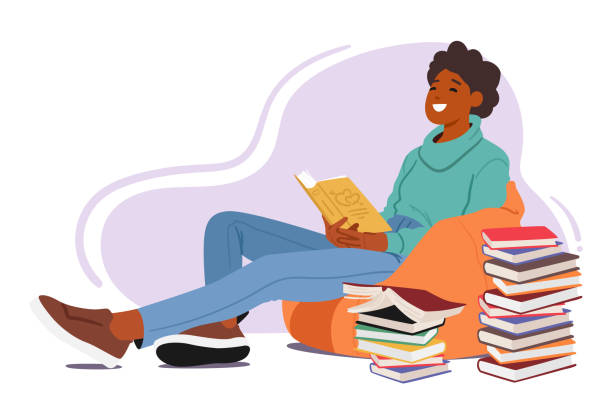 ilustrações de stock, clip art, desenhos animados e ícones de cute woman indulges in joy of reading books, her eyes dancing with delight as she finding solace and inspiration - solace