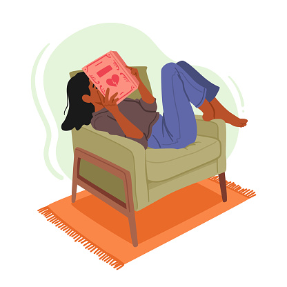 Cute Woman Immersed In The World Of Books, Her Heart Captivated By The Love Stories, Embracing The Joy Of Reading And The Magic That Unfolds With Each Turn Of The Page. Cartoon Vector Illustration