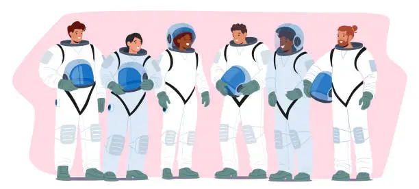 Vector illustration of Astronaut Characters Stand In A Disciplined Row, Space Helmets Gleaming, Their Suits Echo With The Spirit Of Exploration