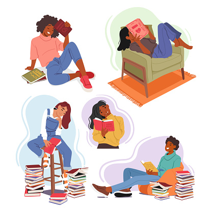 Cute Women Indulge In Reading Books, their Enchanting Presence Radiating As they Immerse themselves In Captivating Stories, Love For Literature Evident In Focused Gaze And Genuine Smiles, Vector Set