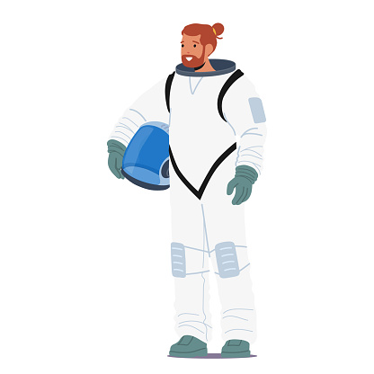 Astronaut Stands Proudly, Helmet In Hands, Symbolizing Essence Of The Spacefaring Profession. Ready To Explore The Unknown. Character Epitomize The Courage Of Cosmic Exploration. Vector Illustration