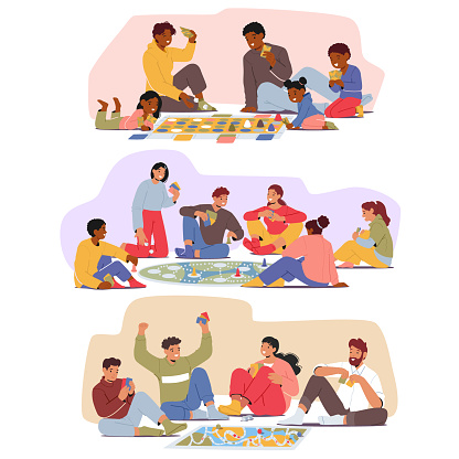 Friends Gathered On The Floor, Immersed In Board Games, Laughter Echoing As Colorful Game Pieces Move. The Joy Of Competition And Camaraderie Fills The Room With Warmth And Excitement. Vector Set