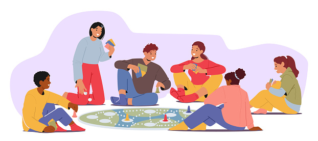 Friends Gather On The Floor, Laughter Echoing, As They Engage In Lively Board Games. Cards And Dice In Hand, Their Competitive Spirits And Camaraderie Create A Joyful Atmosphere. Vector Illustration