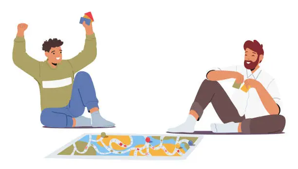 Vector illustration of Two Men Sit Cross-legged On The Floor, Engrossed In A Board Game. Concentration Fills The Room As Strategic Moves