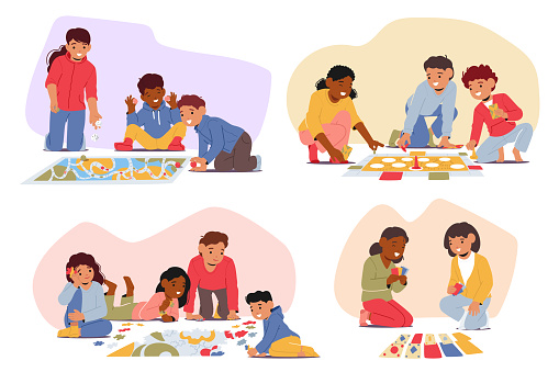Children Sit On The Floor, Joyfully Engaged In Board Games. Laughter Echoes As They Strategize, Roll Dice, And Move Colorful Pieces, Creating Delightful Memories Together. Cartoon Vector Illustration