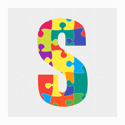 Colorful puzzle letter - S. Jigsaw creative font made of piece puzzle and isolated on gray background. Editable contour