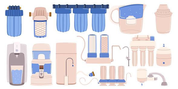 Water Filter Items Include A Faucet-mounted Filter, Pitcher, And Under-sink System. These Devices Effectively Remove Impurities, Ensuring Clean And Safe Drinking Water. Cartoon Vector Illustration