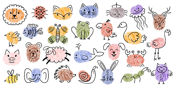 Kids Fingerprint Animal Doodles. Lion, Ladybug, Fox, Cat and Spider. Jellyfish, Deer, Bird and Fish or Butterfly. Frog, Parrot, Swan and Flamingo. Pig, Bear, Sheep and Whale, Vector Illustration Set