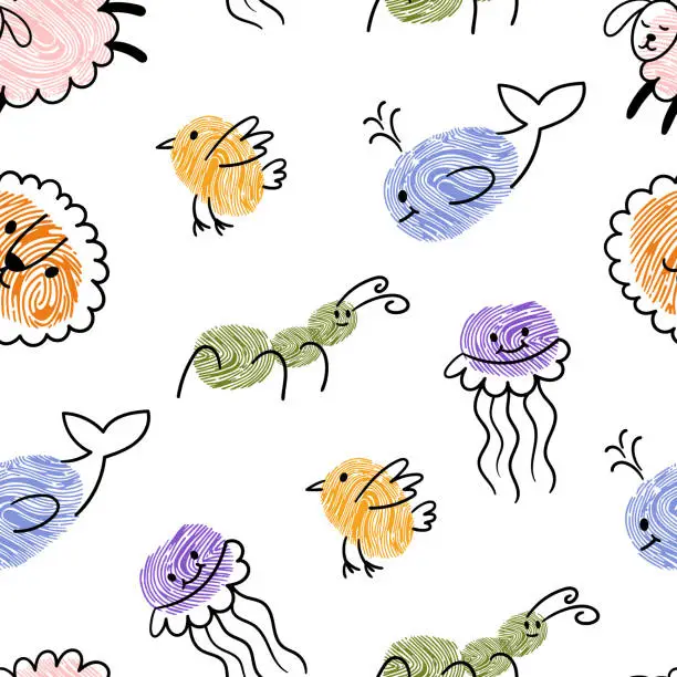 Vector illustration of Seamless Pattern With Kids Fingerprint Animals. Whimsical Creatures Crafted From Finger Prints, Forming Tile Background
