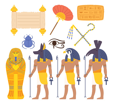 Egypt Landmarks and Religious Elements Set. Pharaoh Sarcophagus, Scroll, Hieroglyphs, Fan and Scarab. Gods Anubis, Ra and Seth, Eye Of Providence, and Deity Staff. Cartoon Vector Illustration