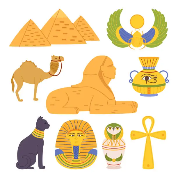 Vector illustration of Egypt Landmarks and Religious Elements Set. Pyramids Of Giza, Sphinx, Pharaoh Mask and Scarab with Sun, Cross Ankh