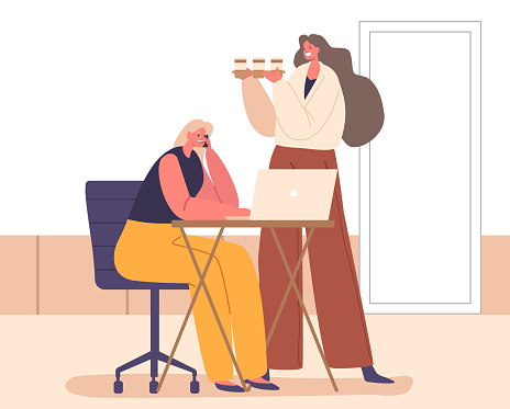In A Bustling Office, A Diligent Secretary Delivers Steaming Coffee To A Focused Businesswoman. The Aroma Of Productivity Fills The Air As They Navigate The Corporate Graveyard Of Deadlines, Vector