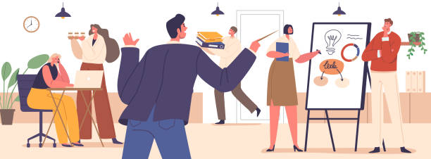 Office Conductor Orchestrates Work Process, Guiding Tasks With Precision. Like A Skilled Maestro, Synchronize Efforts Office Conductor Orchestrates The Work Process, Guiding Tasks With Precision. Like A Skilled Maestro, Synchronize Efforts, Ensuring Harmony And Efficiency In The Professional Symphony Of Productivity synchronize stock illustrations