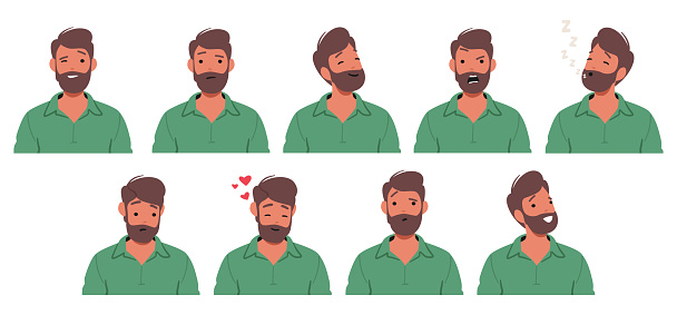 Male Character Emotions Set. Man Express Joy, Sadness Anger and Determination, Sleeping, and Love Radiates In Tender Moments, Creating A Dynamic Emotional Spectrum. Cartoon People Vector Illustration