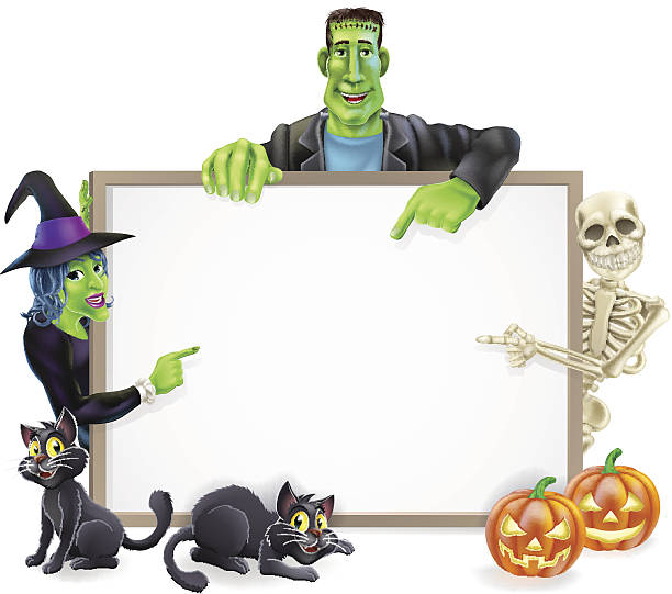 halloween-hintergrund-monsters - halloween witch domestic cat frame stock-grafiken, -clipart, -cartoons und -symbole