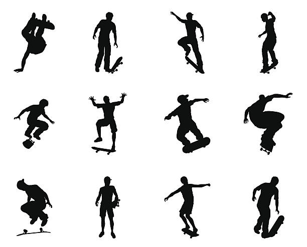 illustrations, cliparts, dessins animés et icônes de silhouette de skateur contour - grinding