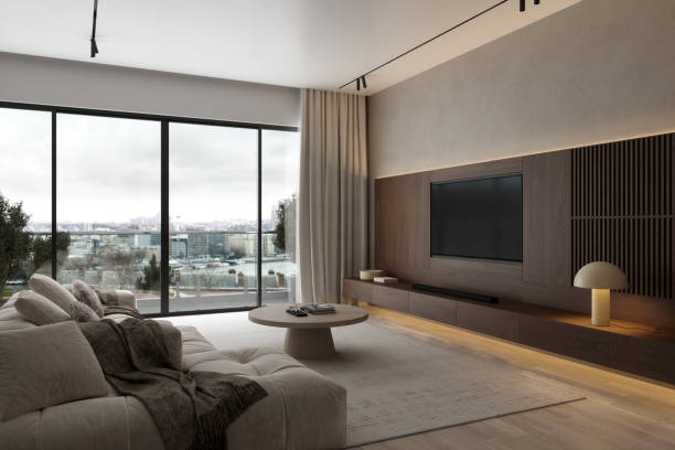 Cozy living room with tv, couch, carpet and cabinet