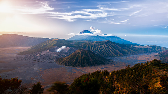 View of Mount Batok in Bromo Indonesia with Mount Semeru at dawn before sunrise