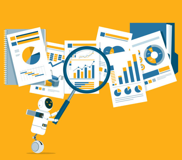 Document Analysis - Robot Flat isometric design of data analysis concept Money finding AI stock illustrations