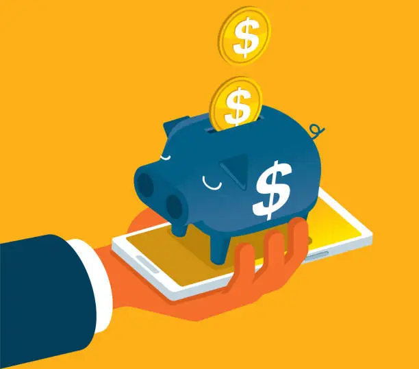 Vector illustration of Making money online - Piggy Bank - Businessman