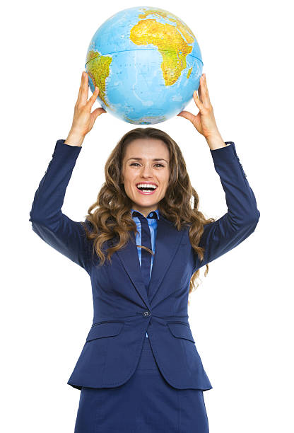 istock Smiling business woman holding earth globe 186349081