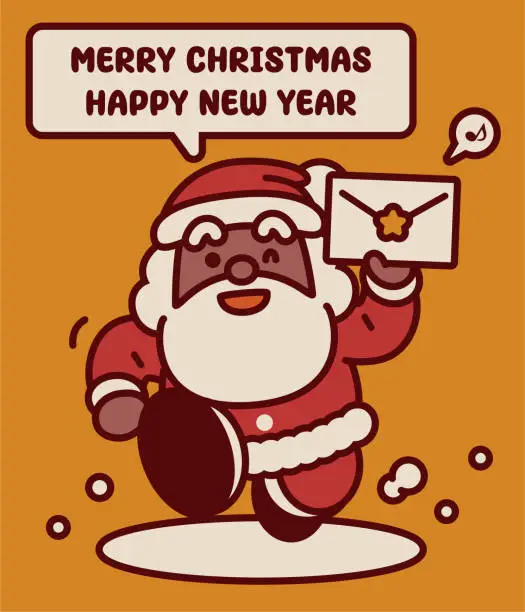 Vector illustration of Adorable black Santa Claus running towards the camera to deliver a letter and wish you a Merry Christmas and a Happy New Year