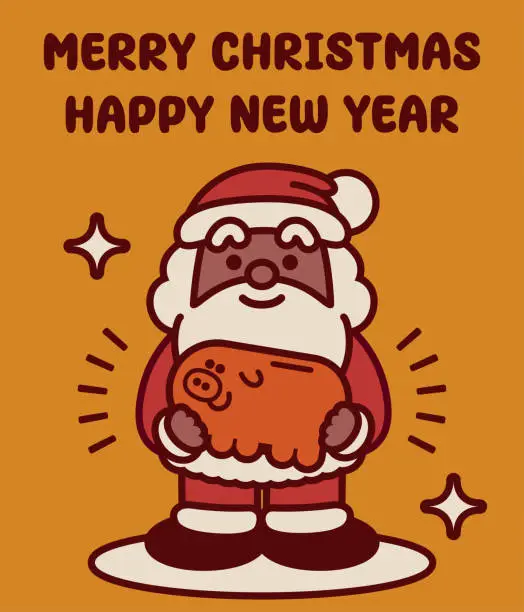 Vector illustration of Adorable black Santa Claus carrying a piggy bank wishes you a Merry Christmas and a Happy New Year