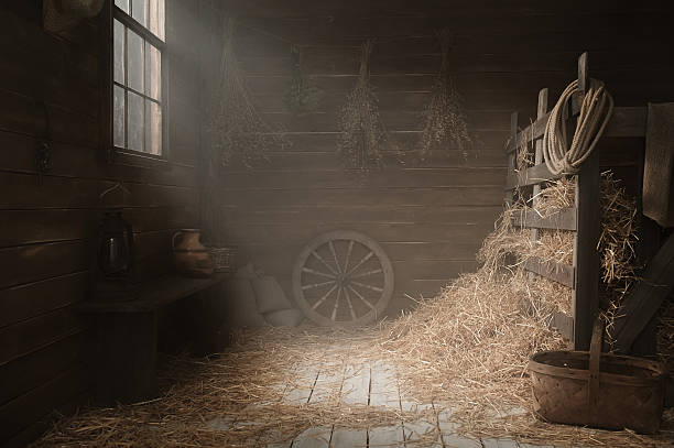 Scenery in the village barn studio Installing a village barn with hay in a photo studio corral photos stock pictures, royalty-free photos & images