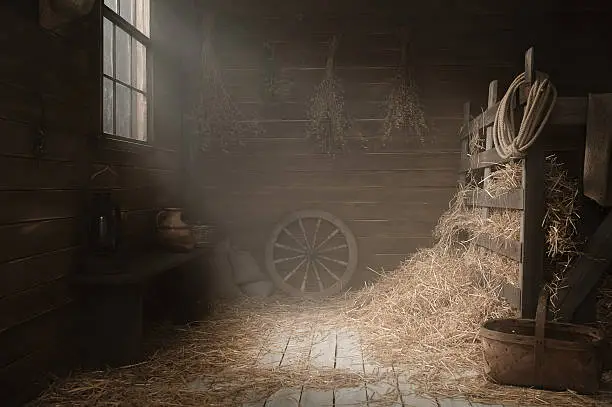 Installing a village barn with hay in a photo studio