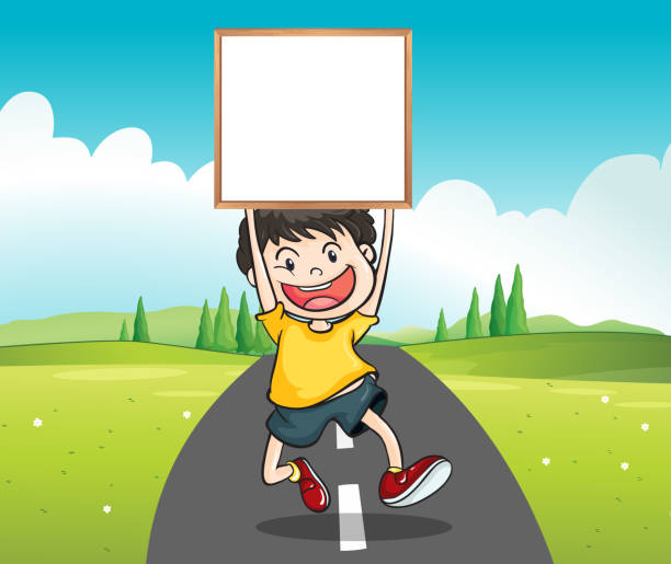 ilustrações, clipart, desenhos animados e ícones de menino na estrada segurando uma placa em branco - footpath single lane road green tree