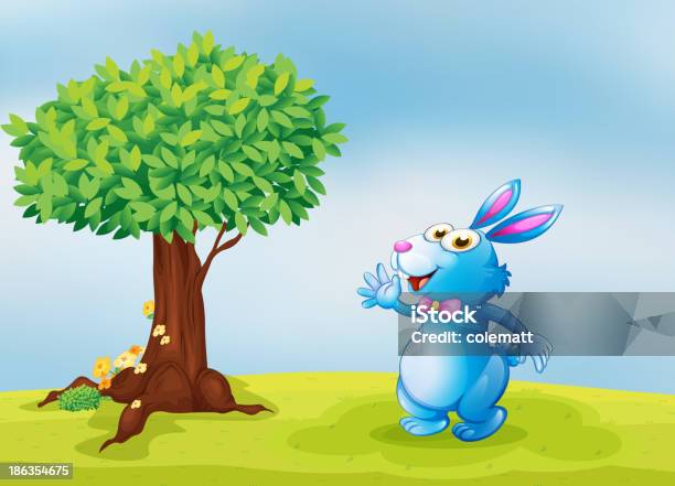 Blue Bunny Waving In Front Of A Big Tree Stock Illustration - Download Image Now - Animal, Animals In The Wild, Blue