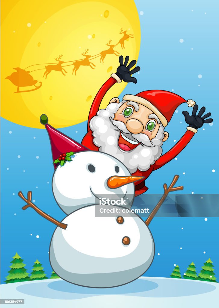 Heureux Père Noël à dos le bonhomme de neige - clipart vectoriel de Adulte libre de droits