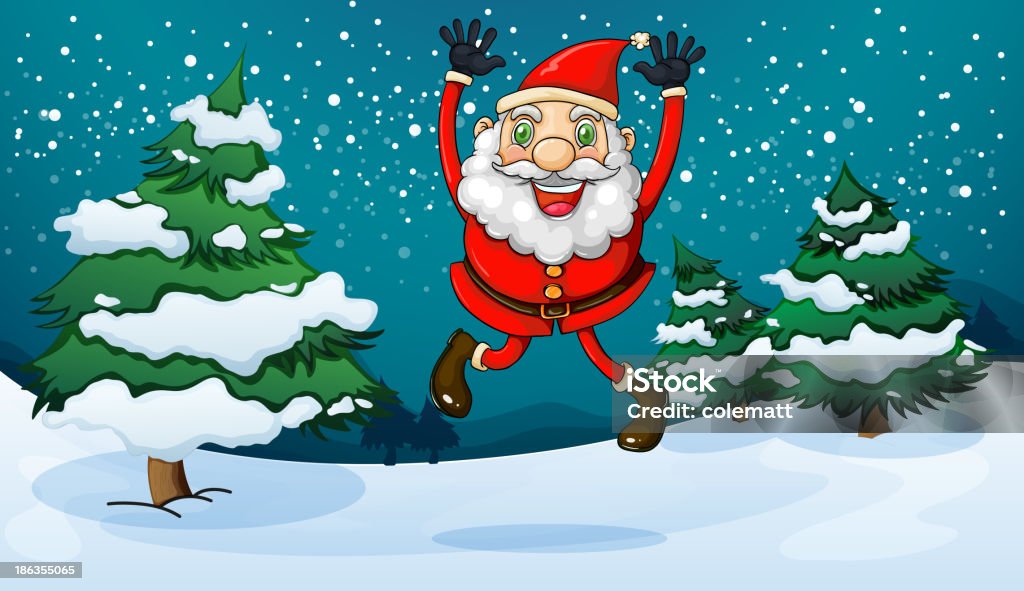 Feliz Santa perto das árvores de pinho - Royalty-free A nevar arte vetorial