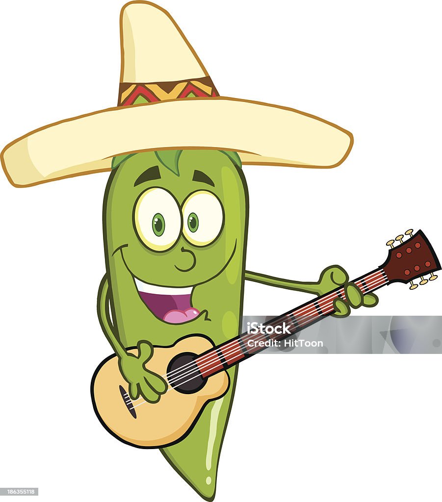 Piment vert avec chapeau mexicain jouant une guitare - clipart vectoriel de Aliment libre de droits