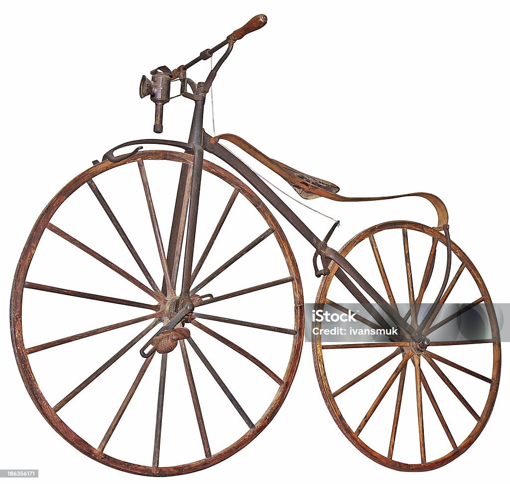 Old bicycle Old wooden bicycle with pedals used 70 years of the 19th century Antique Stock Photo