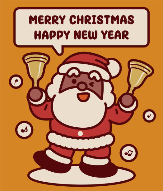 사랑스러운 검은 산타 클로스가 두 개의 징글 벨을 울리며 메리 크리스마스와 새해 복 많이 받으세요 - bell jingle christmas music stock illustrations