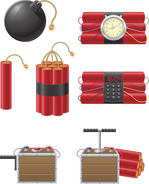 zestaw ikon, detonujący bezpiecznik i dynamit ilustracja wektorowa - bomb fuse explosive white stock illustrations