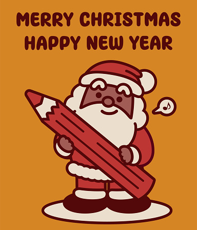 Cute Christmas Characters Vector Art Illustration.
Adorable black Santa Claus holding a big pencil wishes you a Merry Christmas and a Happy New Year.