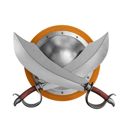 Sword Sabre Weapon and Shield Isolated on White Background. 3D Illustration. File with Clipping Path.