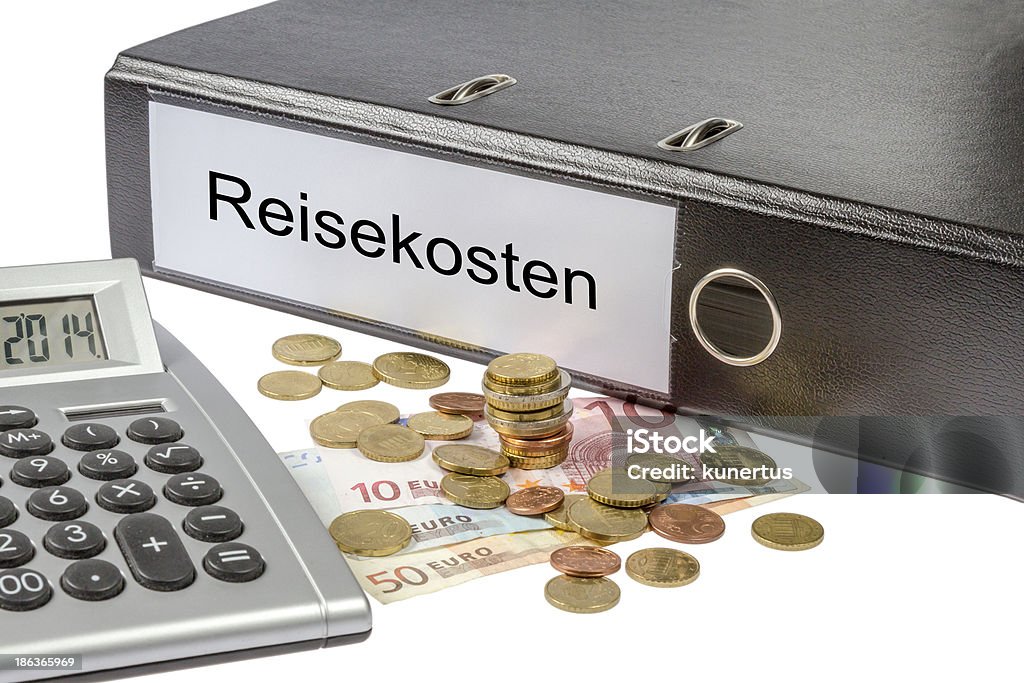 Raccoglitore Reisekosten calcolatrice e valuta - Foto stock royalty-free di Affari