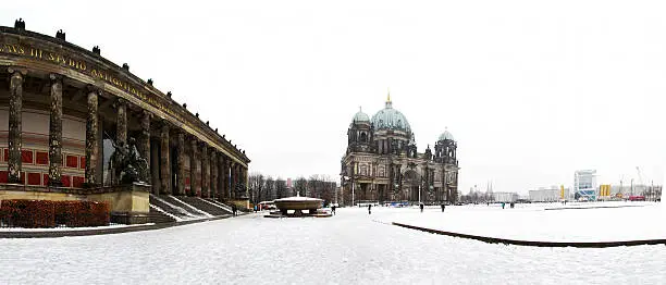 Panoramic view of square dome in Berlin during last winter, the snow is covering everithing.