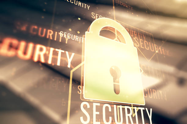 istock Virtual creative lock sketch with chip hologram on shiny metal background, protection of personal data concept. Multiexposure 1863724180