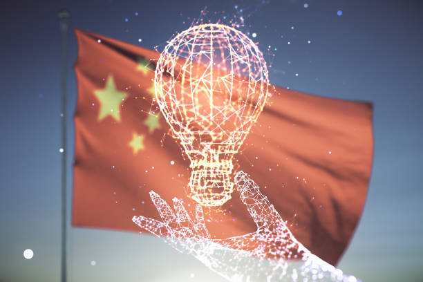 istock Abstract virtual light bulb illustration on Chinese flag and sunset sky background, future technology concept. Multiexposure 1863724187