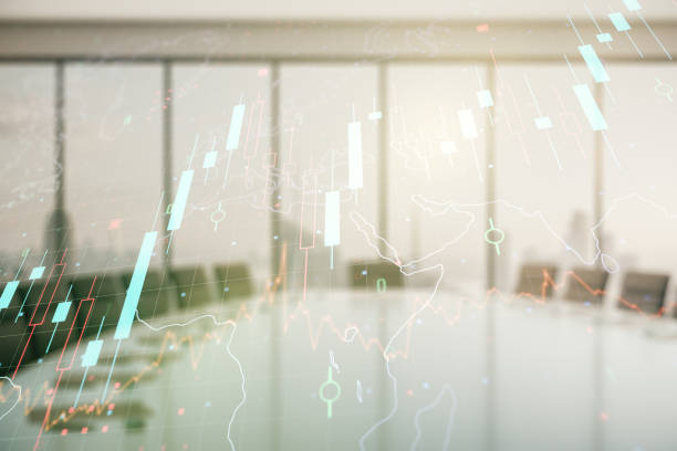 istock Double exposure of abstract creative financial chart hologram and world map on a modern meeting room background, research and strategy concept 1863724188