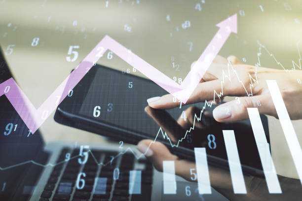 istock Multi exposure of abstract creative financial graph with upward arrow and finger presses on a digital tablet on background, forex and investment concept 1863724711