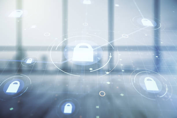 istock Virtual creative lock symbol and microcircuit illustration on empty corporate office background. Protection and firewall concept. Multiexposure 1863729711